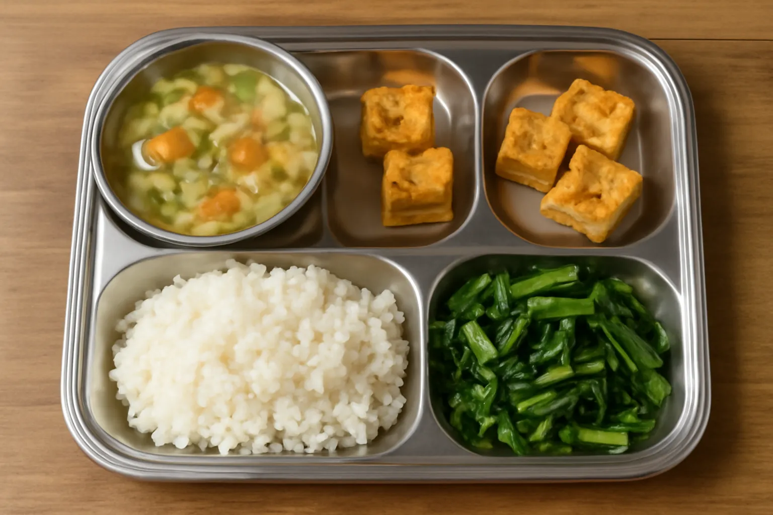 Mâm cơm gia đình với cơm, canh và vài món ăn kèm