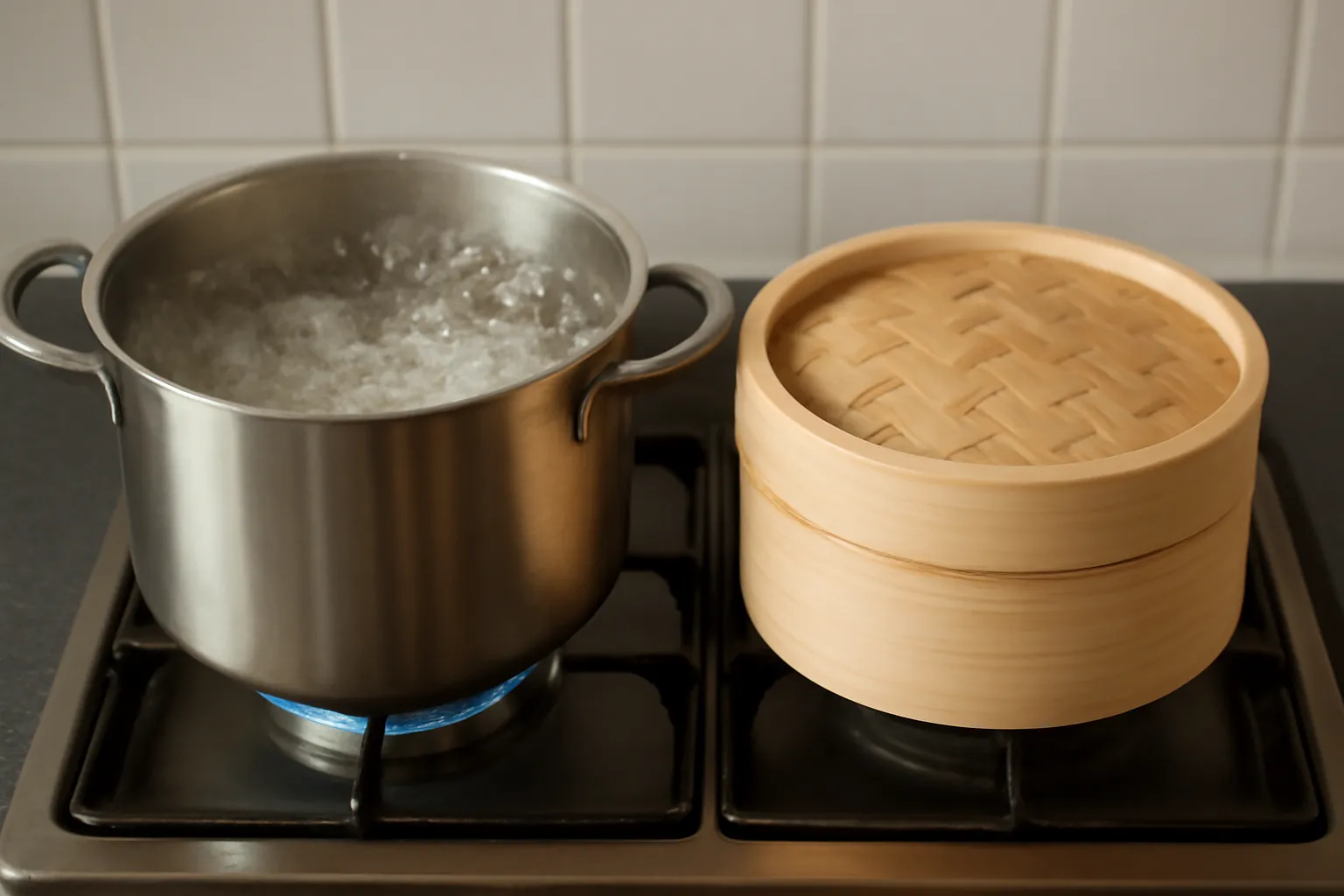 Nồi nước sôi và xửng hấp đặt cạnh nhau trên bếp