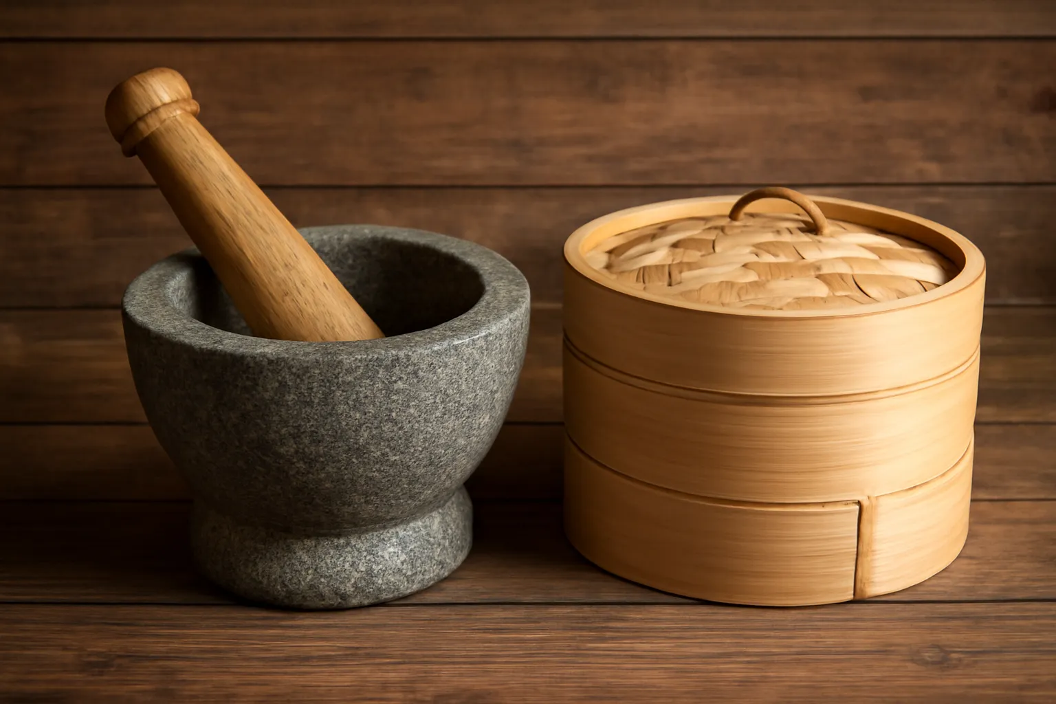 Cối đá, chày gỗ và xửng tre đặt trên phản gỗ