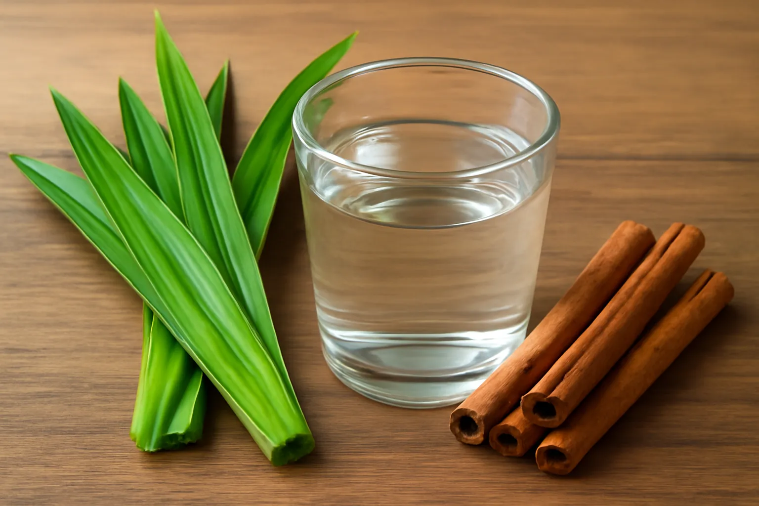 Lá dứa tươi và vài thanh quế đặt cạnh ly nước