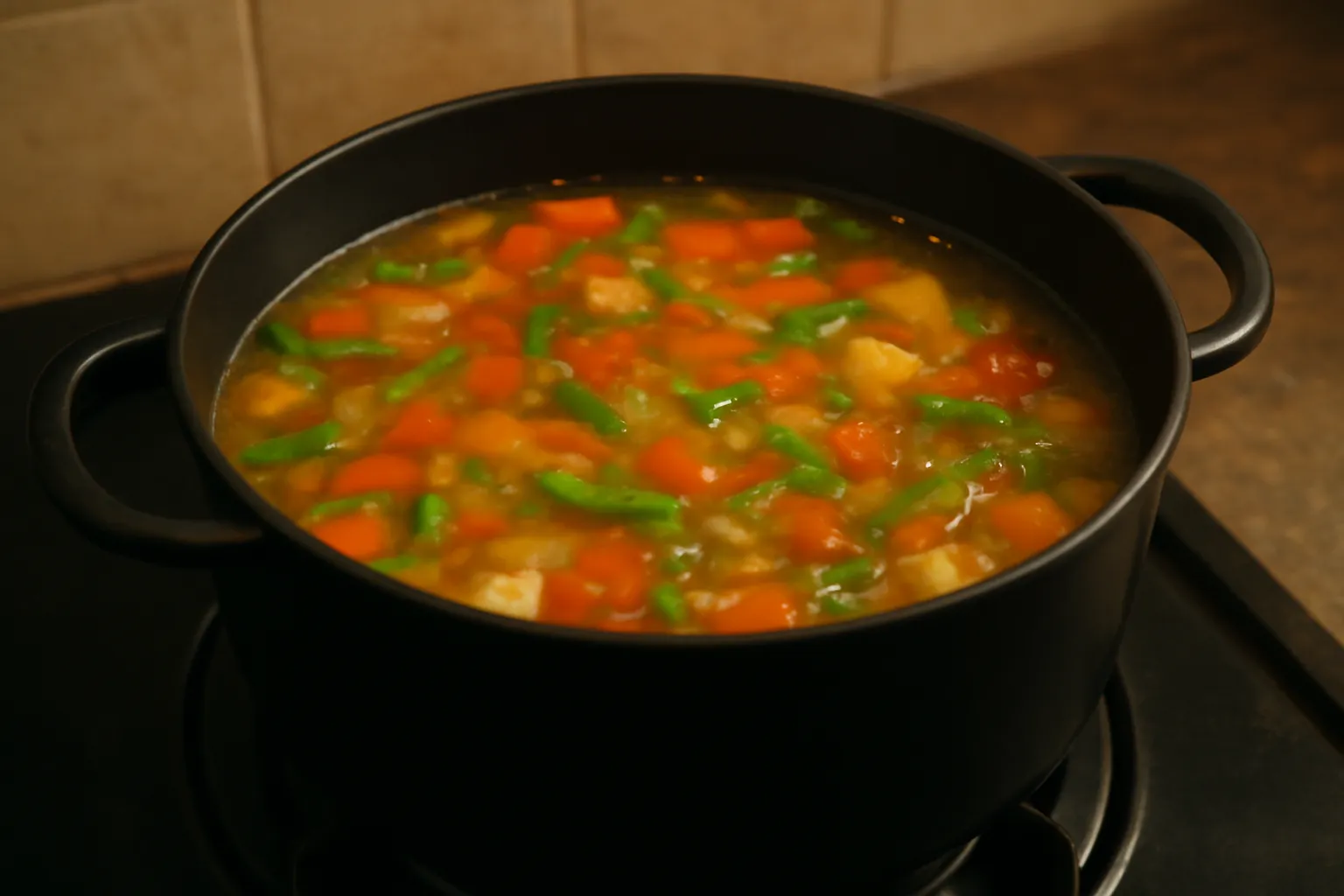 Nồi canh rau đang sôi nhẹ trên bếp