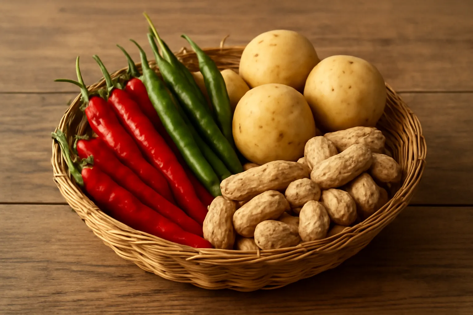 Rổ ớt tươi, khoai tây và đậu phộng bày trên bàn