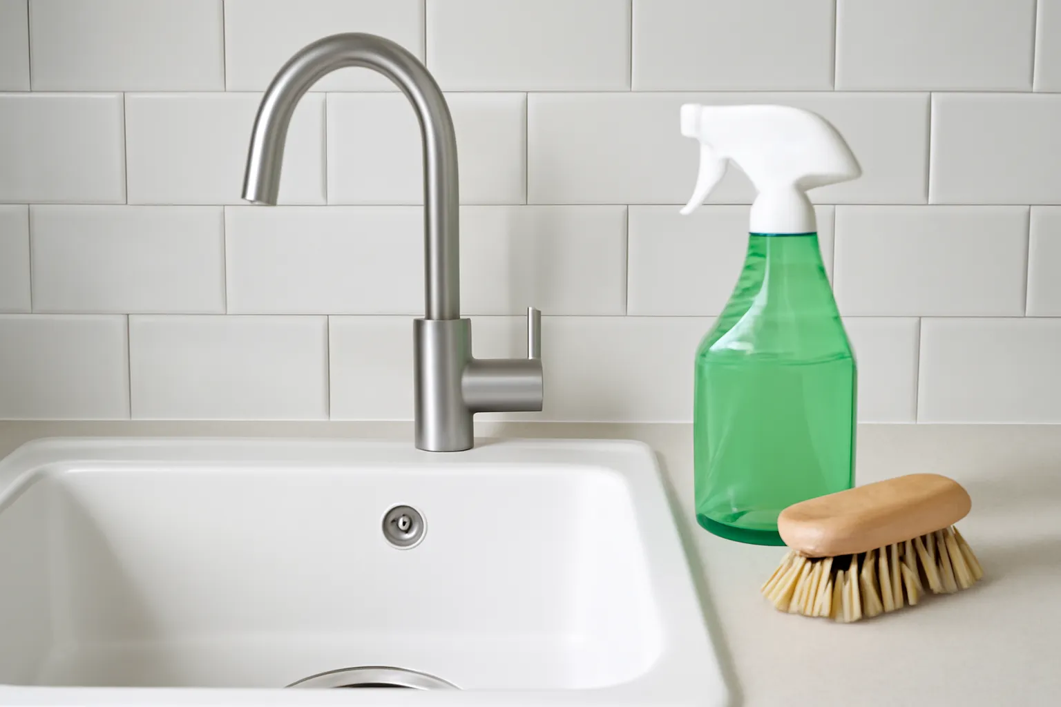 Bồn rửa bếp sạch với bàn chải và chai xịt đặt bên cạnh